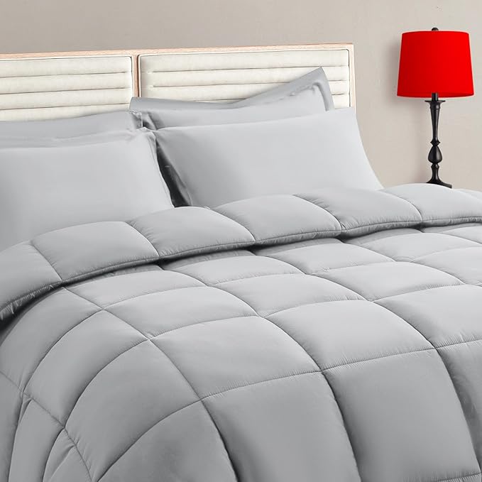 TAIMIT Light Grey King Comforter Set - 7 Pieces, Bed in a Bag Bedding Sets with All Season Soft Quilted Warm Fluffy Comforter,Flat Sheet,Fitted Sheet,2 Pillow Shams,2 Pillowcases,Light Gray
