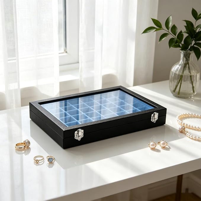 Stratalife Jewelry Organizer 48 Grid Jewelry Tray with Clear Lid Dust-proof Velvet Earring Organizer Necklace Rings Holder Display Drawer Storage Case for Women Blue Black - Image 3