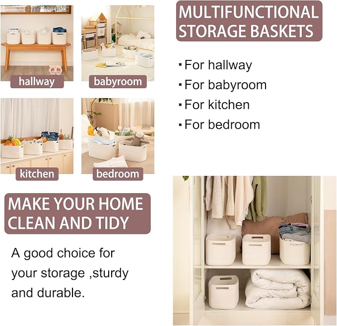 OIAHOMY 4 Pack Storage Baskets for Organizing, Cube Storage Bins for Shelves, Rectangle Storage Baskets With Handles, Woven Baskets for Storage, 16''Lx12''Wx8''H, White - Image 6