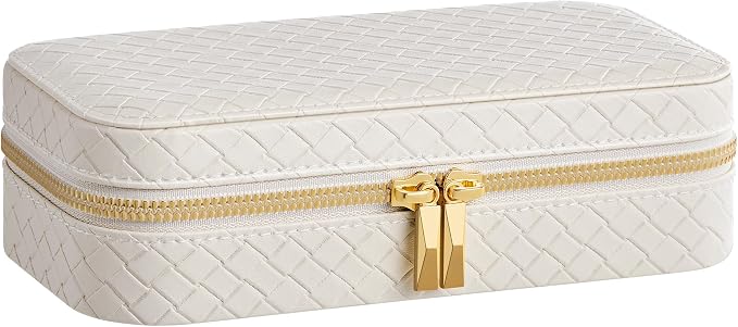 SONGMICS HOME Travel Jewelry Case, Jewelry Organizer Box with Mirror, Jewelry Pouch, Woven Embossed PU Leather, Portable Jewelry Storage, Gift Idea, Cloud White UJBC197W01 - Image 7