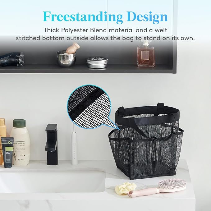 Lifewit Mesh Shower Caddy Portable for College Dorm Room Essentials with 7 Pockets, Freestanding Hanging Organizer Basket, Quick Dry Tote Bag for Camping, Bathroom, Beach, Travel, 1 Pack, Black - Image 3