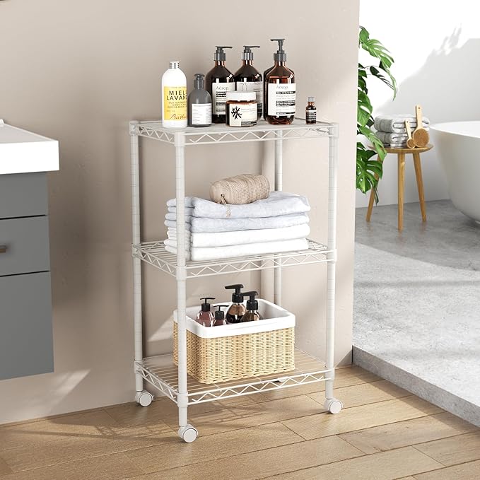 SINGAYE 3 Small Shelves Storage Shelf Wire Shelving Unit Metal Shelf Adjustable Organizers Storage Shelving with Wheels for Bathroom Laundry Room Kitchen Pantry11.5”D x 17.5”W x 30.5”H White - Image 2