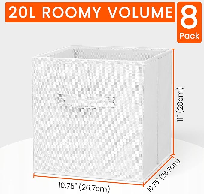 Criusia Storage Cubes - 11 Inch Heavy Duty Fabric Storage Bins for Shelves Closet Cube Organizer - 8 Pack Collapsible Cube Storage Bins Baskets for Clothes Blankets Toys - Nursery Organization (White) - Image 2