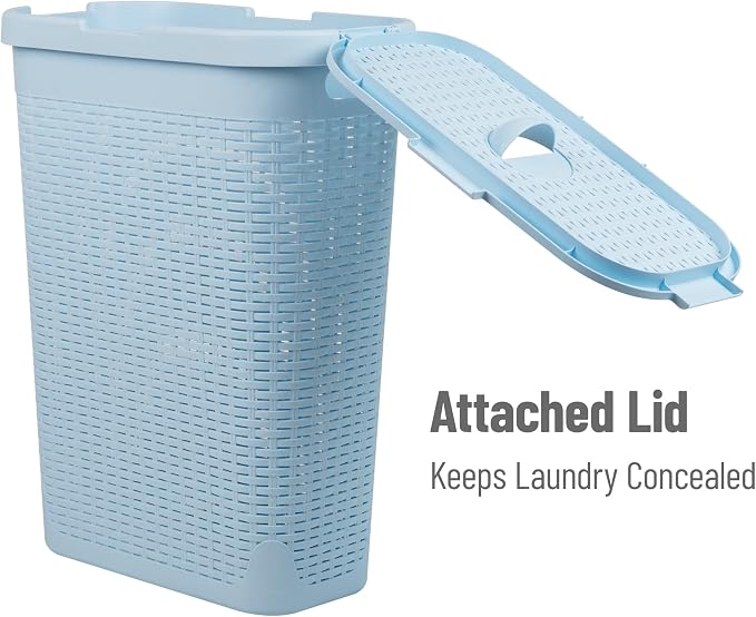 Mind Reader Slim Laundry Hamper with Lid, 40L Clothes Basket, Narrow Tapered Design with Ventilated Cutout Pattern, Plastic, Baby Blue - Image 5