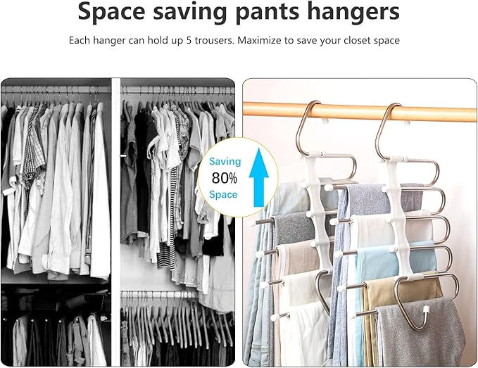 Upgrade Azeroth Pants Hangers 4 Pack Space Saving S-Type Stainless Steel Clothes Pants Hangers,Anti-Slip Design,Clothes Closet Storage Organizer for Pants Jeans Trousers Skirts Scarf - Image 2