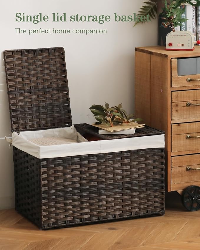 SETVSON Storage Basket with Lid Wicker Baskets for Storage with 2 Separate Lid 42.3 Gallon (160 L) 29.9 x 17.3 x 18.1 Inches Rattan Woven Large Wicker Basket with 2 Liners for Bedroom Laundry Brown - Image 2