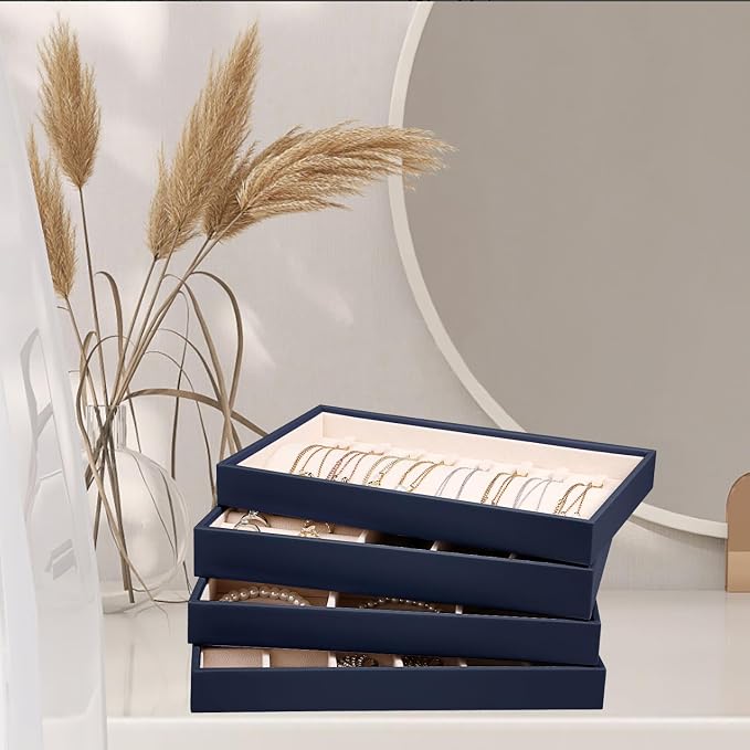 LANDICI Stackable Jewelry Organizer Trays 4 Set,PU Leather Jewelry Organizer Drawer,Jewelry Storage Display Tray for Earring Necklace Rings Bracelet with Removable Dividers,Dark Blue - Image 5