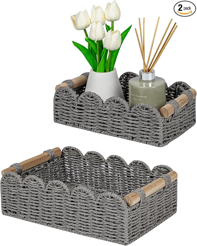 CubesLand Scalloped Edge Decor Baskets for Home, Living Room, Toilet Paper Storage Basket for Over Toilet Tank Top, Storage Shelf, Cute Small Paper Rope Baskets Both Storage&Decor, Set 2 Grey by CubesLand