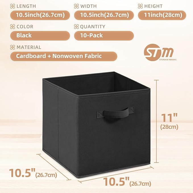 STORAGE MANIAC Storage Cubes, 11 Inch Collapsible Storage Bins with Handles, 10 Pack Fabric Foldable Bins for Organization, Durable Storage Bins for Closet, Shelves, Offices, Toys, 10-Pack Black - Image 5