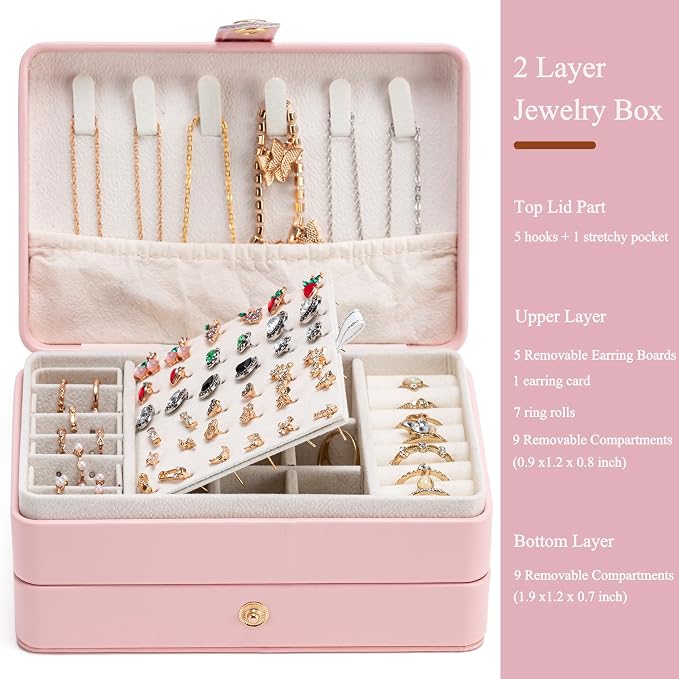 MODENGKONGJIAN Jewelry Organizer Box, 2-Layer Large Jewelry Storage Case, Portable Travel Jewelrys Display Holder for Earrings, Necklaces, Bracelets (Pink, PU Leather) - Image 2