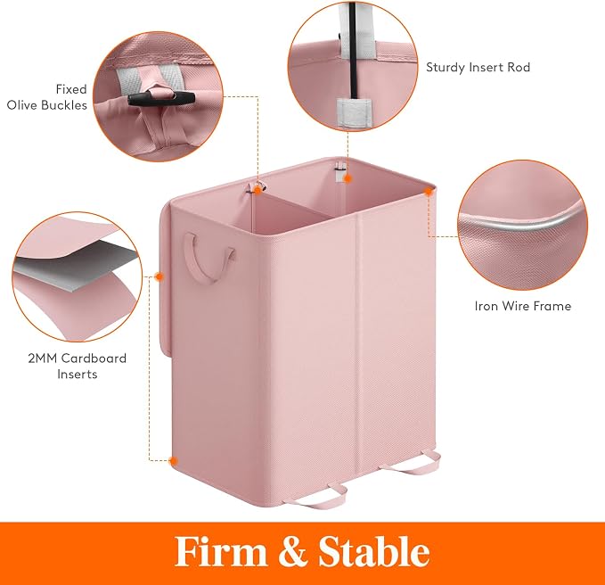Lifewit Double Laundry Hamper with Lid and Removable Laundry Bags, Large Collapsible 2 Dividers Dirty Clothes Basket with Handles for Bedroom Laundry Room Closet Bathroom College, 155L Pink - Image 2