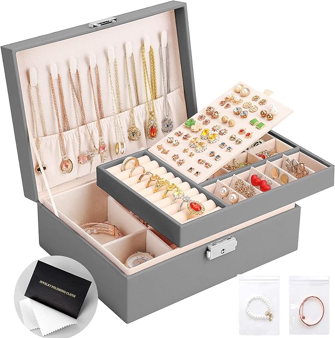 Jewelry Box for Women Girls 2 Layer Leather Travel Jewelry Organizer Storage Case with Lock and Removable Tray for Necklace Earrings Rings Bracelets Gift, Come with Polishing Cloth and Jewelry Bags by SANIKEON