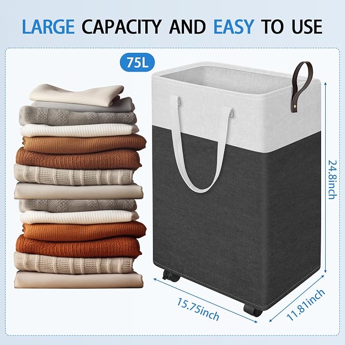 HomeHacks 75L Waterproof Rolling Laundry Hamper - Collapsible Clothes Basket with 4 Wheels for Bathroom, Laundry Room & Dorm, Easy-Clean PEVA Lining, Space-Saving Design(Gray) - Image 2