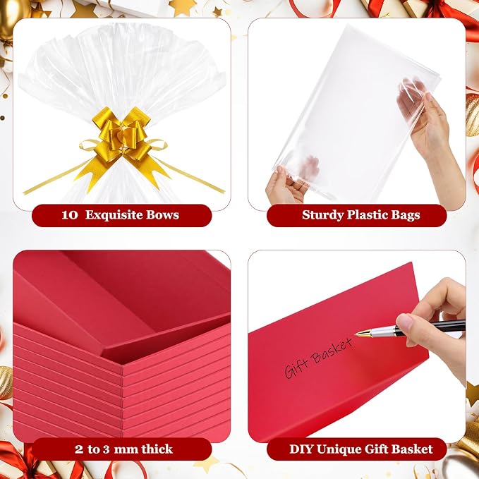 AFOROEOA 6PACK Red Baskets For Gifts Empty, 10x12”Thick Gift Basket with 6Bows 6Bags Empty Gift Baskets for Christmas, Easter, Birthdays, Valentine’s Day Wrapping Gift - Image 5