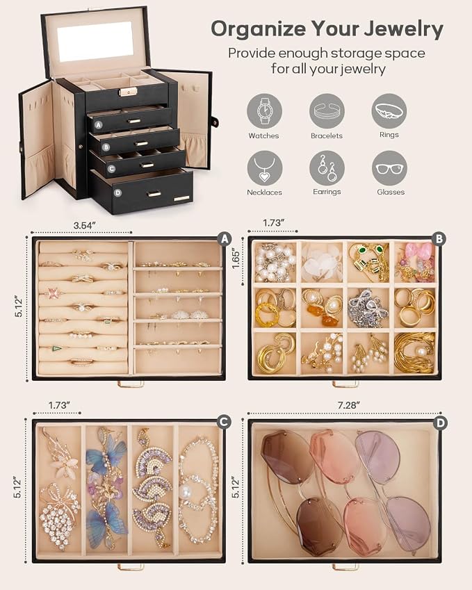 Homde Mothers Day Gifts Synthetic Leather Huge Jewelry Box Mirrored Watch Organizer Necklace Ring Earring Storage Lockable Gift Case (Black + Gold) - Image 3