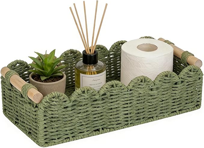 Upgraded Paper Rope Scalloped Edge Toilet Paper Storage Basket, Small Living Room, Bedroom Decor Baskets for Over Toilet Storage Shelf, End Table, Shelves and More, with 2 Wooden Handle (Green) by Unknown