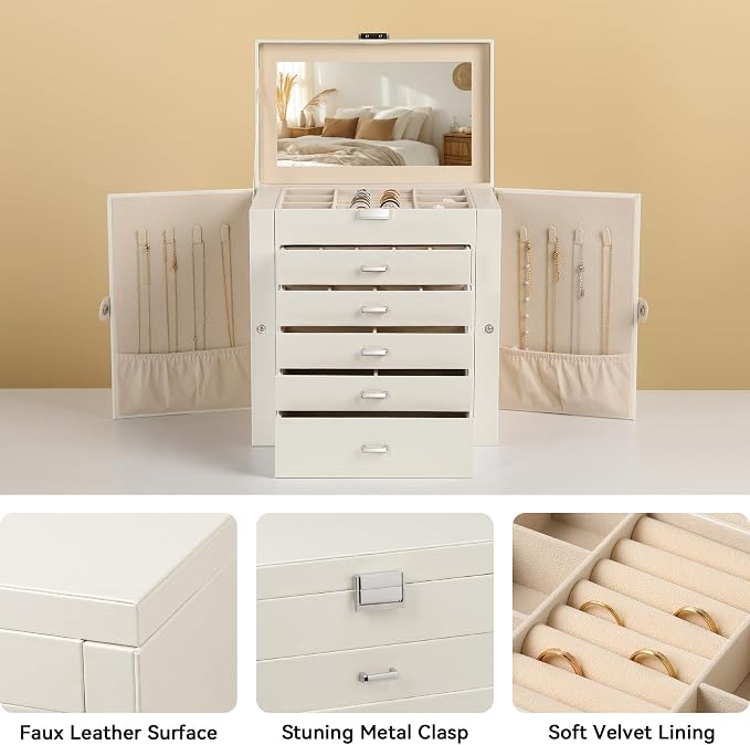 Frebeauty Large Jewelry Box,6-Tier PU Leather Jewelry Organizer,Multi-functional Storage Case with Mirror,Accessories Holder with 5 Drawers for Necklace Bracelets Watches(Pearl White) - Image 4