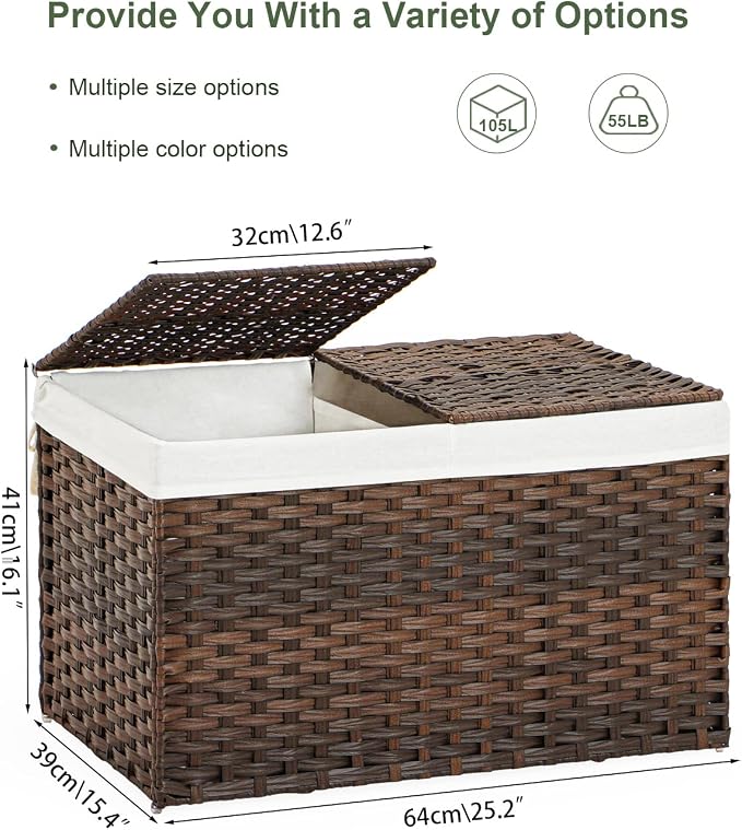 SETVSON Storage Basket with Lid Rattan Storage Basket with 2 Separate Lid, 27.8 Gallon (105 L) 25.2 * 15.4 * 16.1 Inches Woven Wicker Baskets with 2 Liners and Handles for Bedroom Laundry-Brown - Image 4
