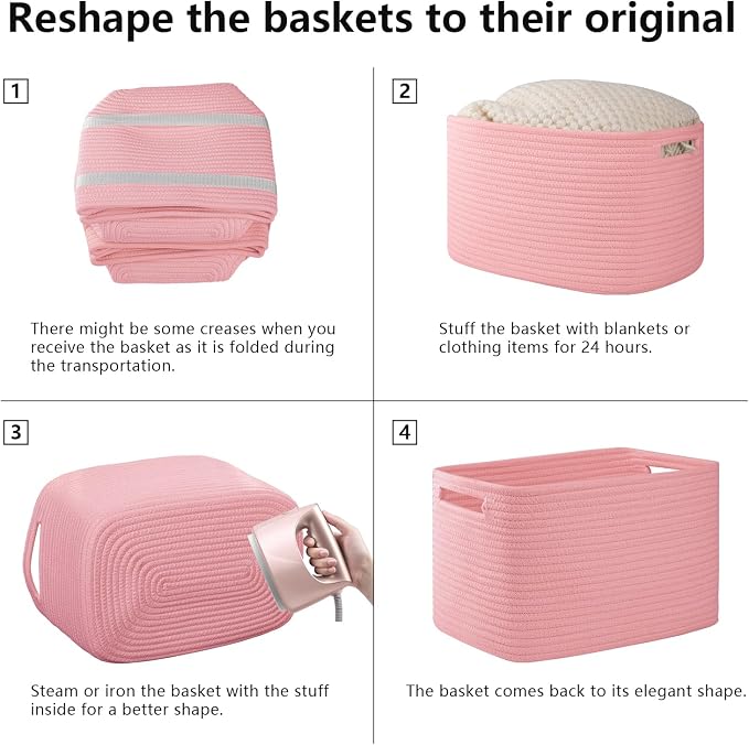 OIAHOMY 4 Pack Storage Baskets for Organizing, Cube Storage Bins for Shelves, Rectangle Storage Baskets With Handles, Woven Baskets for Storage, 12.7''Lx9''Wx7.8''H, Pink - Image 7