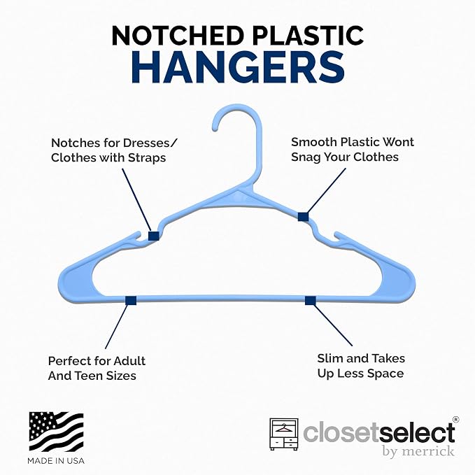 Closetselect Plastic Hangers 50 Pack - Space Saving Clothes Hangers, Made in USA, Durable & Strong Plastic Shirt & Coat Hanger with Notches & Shoulder Grooves, Non-Slip Clothing Hangers | Victory Blue - Image 4