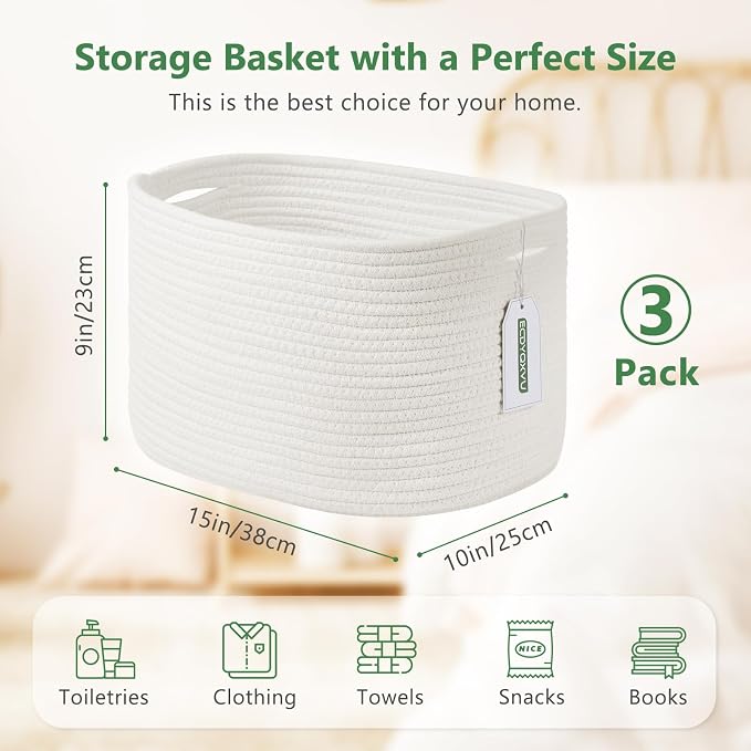 ECDYQXVU Cotton Rope Storage Basket, 15x10x9 Inches, Woven Basket for Shelves, Clothes, Towels, Books, and Laundry, White (3 Pack) - Image 3