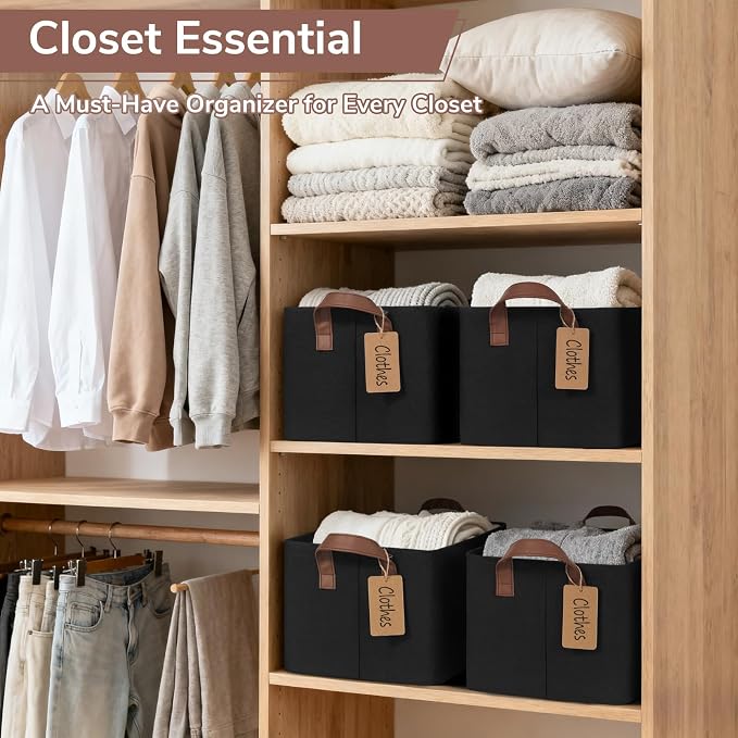 CHICVITA 4 Pack Storage Baskets for Shelves, Collapsible Fabric Closet Storage Bins with Metal Frame, Towel Organizer for Living Room, 14.8" x 10.3" x 8.3", Black - Image 2