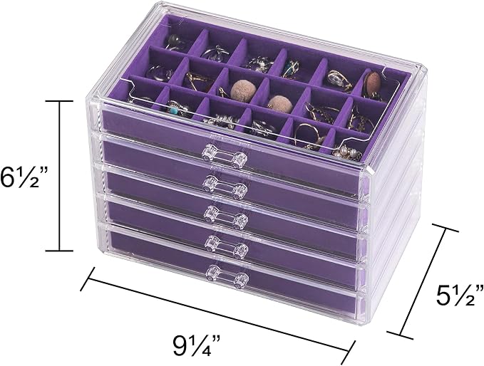 Frebeauty Acrylic Jewelry Organizer Earring Organizer Box with 5 Drawers Earring Holder Organizer with Velvet Trays Clear Jewelry Box for Women Earring Display for Rings Studs(Purple) - Image 2