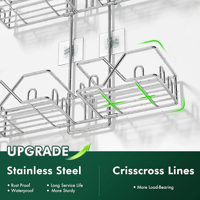 Sewulidon Stainless Steel Shower Caddy Hanging for Handheld Shower Heads,Rustproof Hose Shower Organizer Adjustable Length Shower Rack with 24 Hooks,Razor Holder,Soap Holder - Image 2