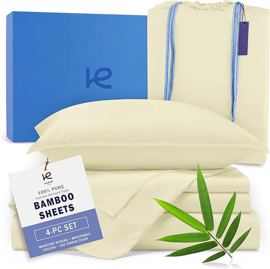 Kickoff Viscose Bamboo Sheets King Size 4-pc 100% Organic Bamboo Viscose Bed Cooling Sheets King Size Set Cool Bedding for hot Sleepers Sheet, Flat, Fitted, Pillowcases (Cream, K)