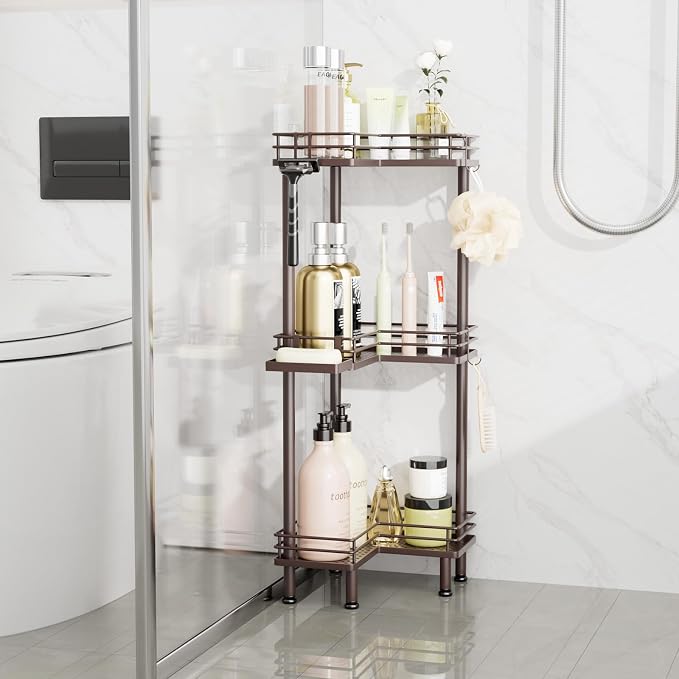 Consumest Corner Shower Caddy Standing - 3-Tier Stainless Steel Shower Organizer with Soap Holder and 4 Hooks, Large Capacity Corner Shelf Stand for Bathroom, Rest Room, Bronze - Image 6