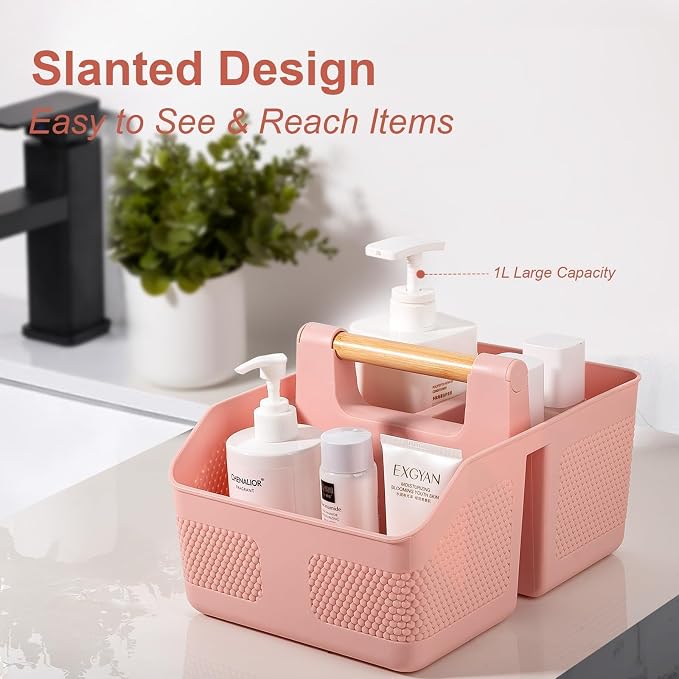 rejomiik Shower Caddy Portable with Bamboo Handle, Plastic Basket Cleaning Caddy Organizer Storage Tote for Bathroom, College, Dorm Room Essentials, Pink - Image 3