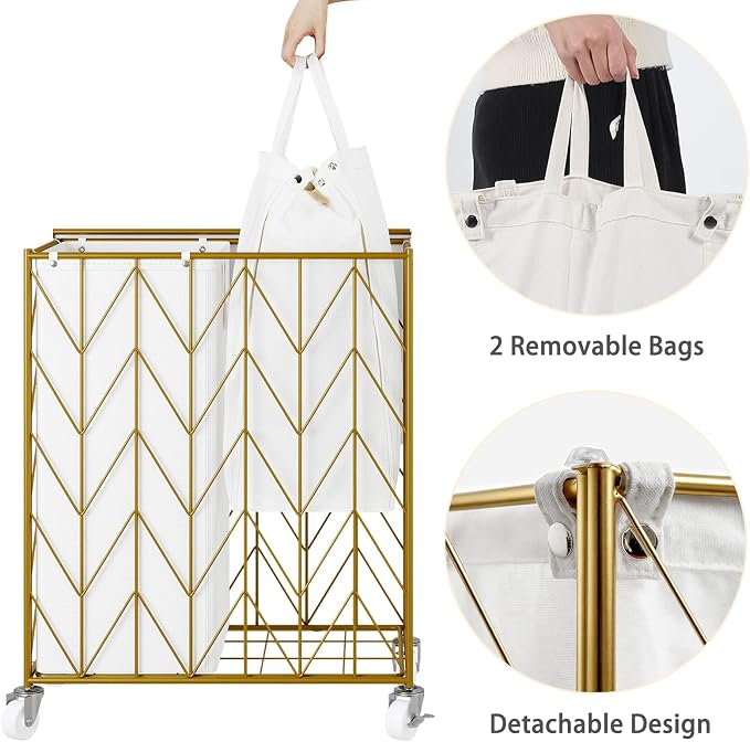 WOWLIVE Laundry Basket with Wheels, Heavy Duty Laundry Hamper with Wood Lid, Clothes Hamper with Divided Removable Liner Bag, Large Capacity Iron-Made Laundry Sorter Laundry Room Organization (Golden) - Image 5