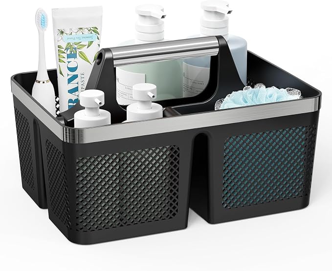 BYUNER Black Shower Caddy Portable: Plastic Bathroom Caddy Organizer with Handle and Holes, Cleaning Caddy, Hard Shower Basket Storage Tote for Toiletry, College Dorm Room Essentials for Men by MakesYourHomeMoreOrganized