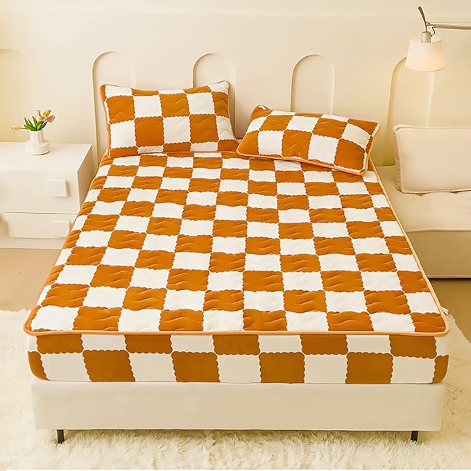 Velvet Fitted Sheet, Soft Velvet Fleece Bed Sheet Mattress Protector Cover with 12'' Deep Pocket Breathable Mattress Pad Cover, Elastic Fitted Mattress Topper(Queen-59x79inch, Orange)