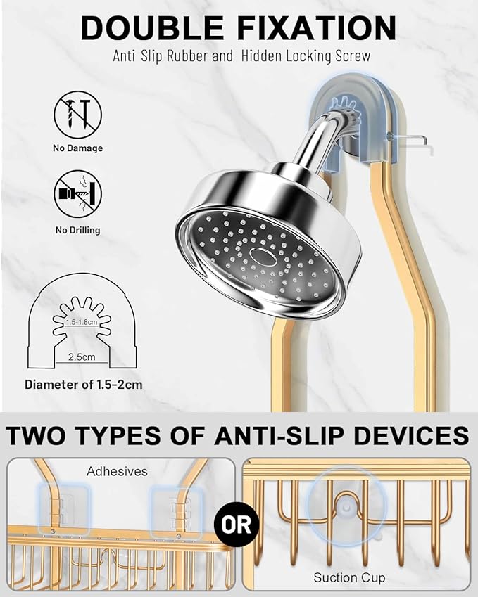 Shower Caddy Hanging - Never Rust Shower Hanging Organizer - Aluminum Over the ShowerHead Caddy with Soap Basket and 6 Razor/Sponge Hooks (Gold) - Image 3