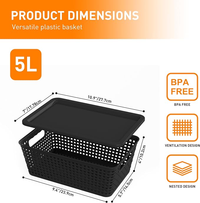 Plastic Storage Baskets With Lid, Storage Bins for Organizing, Stackable Decorative Containers for Shelves Drawers Desktop Closet Playroom Classroom Office,10 Pack-Black - Image 2