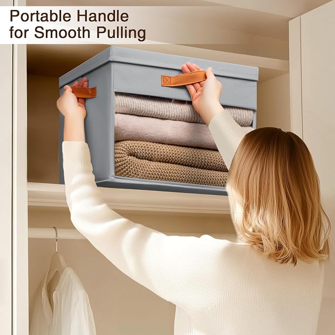 Homsorout Large Storage Bins with Lids - 4 Pack Foldable Decorative Organizers with Clear Windows & Handles, Cube Storage Organizers for Clothes, Blankets, Sweaters, Sheets, Grey - Image 2