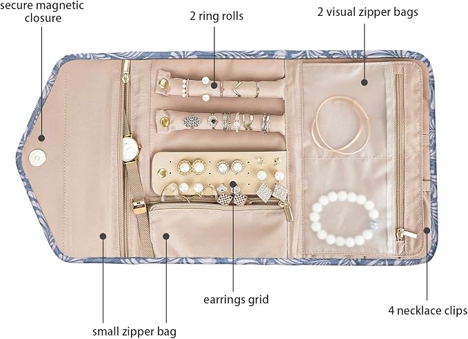 BAGSMART Travel Jewellery Organiser Roll Foldable Jewelry Case for Journey-Rings, Necklaces, Bracelets, Earrings, White Leaf - Image 3