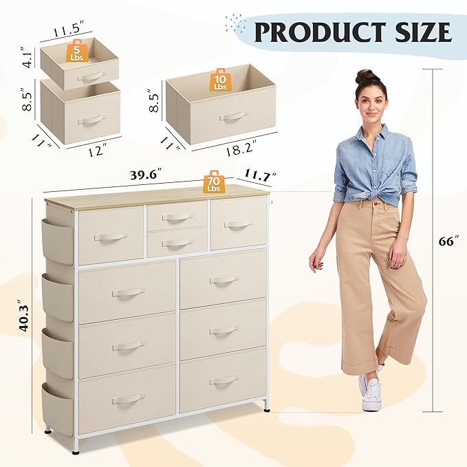 WLIVE Fabric Dresser for Bedroom with 10 Drawers, Chest of Drawers with Side Pockets and Hooks, Sturdy Metal Frame, Drawers Organizer Unit for Living Room, Hallway, Cream White