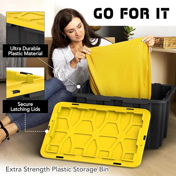 4 PACK Large Black & Yellow Storage Bins | Plastic Tote Organizing Container with Secure Latching Lids, Stackable, Extra Strength with Built in Handle | Black and Yellow Bins | 24.5" x 16.5" x 13.5" - Image 4