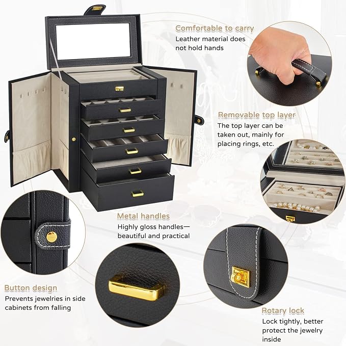 AKOZLIN Huge Jewelry Box Organizer Functional Extra Large Leather Jewelry Storage Case for Women Girls Ring Necklace Earring Bracelet Holder Organizer with Mirror Black - Image 3