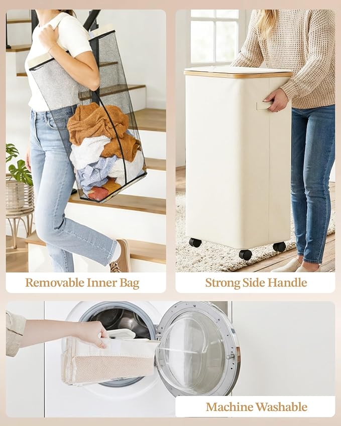 Laundry Hamper with Wheels, 110L Large Clothes Hamper with Removable Inner Bag, Collapsible Dirty Clothes Basket for Dorm, Rolling Dirty Clothes Basket for, Bedroom, Bathroom, Laundry Room - Image 3