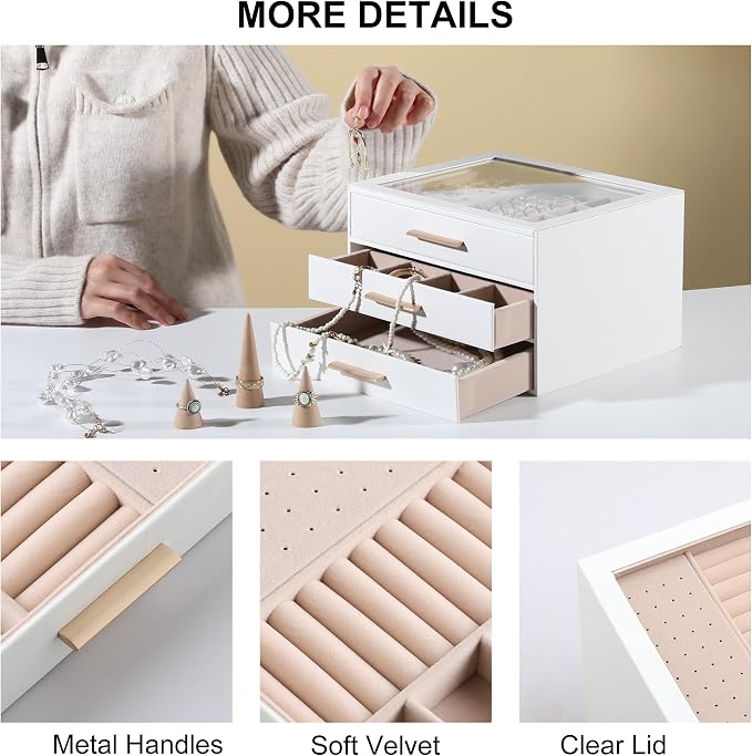 Frebeauty Clear Lid Jewelry Box,3-Layer Jewelry Organizer with Drawer,PU Leather Jewelry Organizers and Storage,Jewelry Boxes for Women,Jewelry Storage for Rings Earring Stud,Gift for Women(White) - Image 5