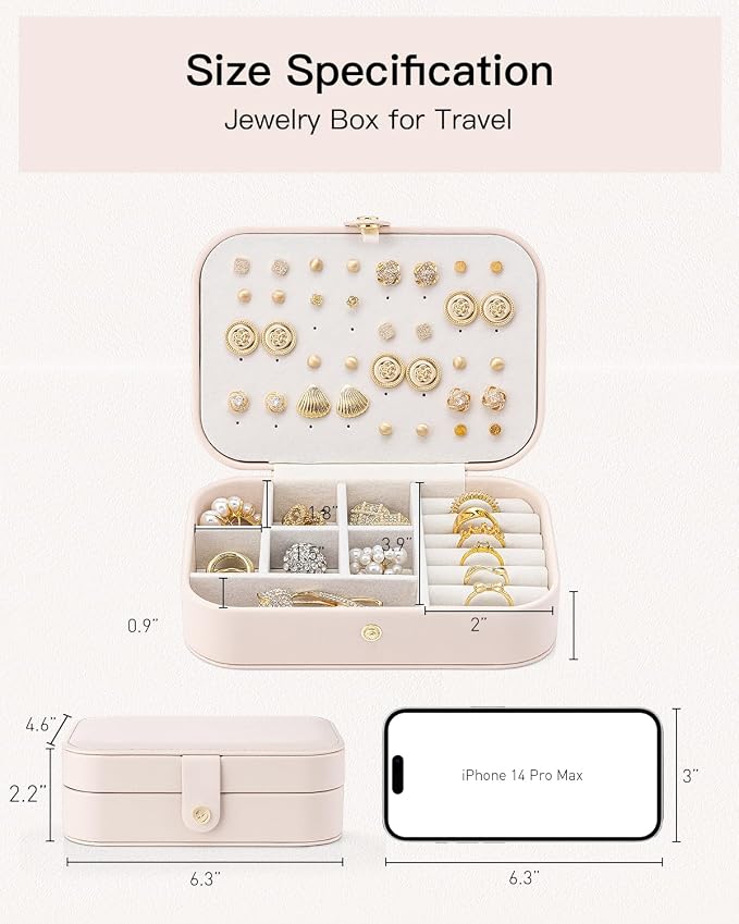 VLANDO Travel Jewelry Case, PU Leather Travel Jewelry Box with Earring Holder, Portable Display Small Jewelry Box for Mothers Day Women Girls Gift - Pink - Image 7