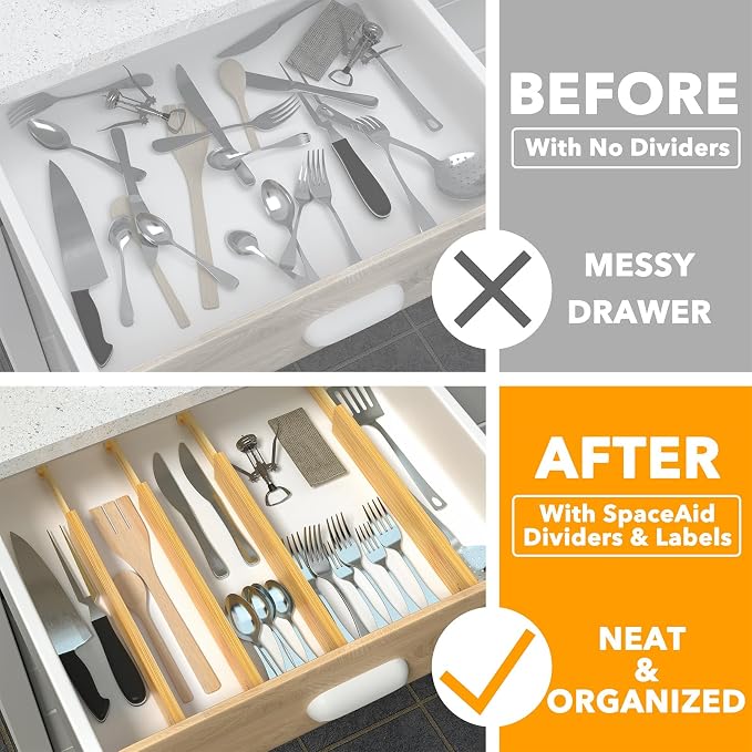 SpaceAid 4 Pack Bamboo Drawer Dividers with Labels, Kitchen Adjustable Drawer Organizers, Expandable Organization for Home Clothes Dressers (17-22 in, Natural) - Image 2