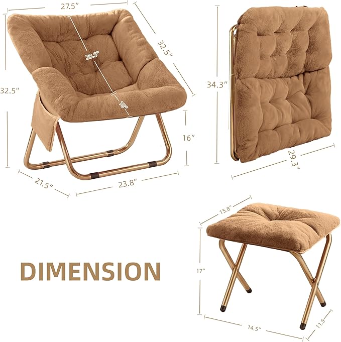 Kasunpul Comfy Saucer Chair, Foldable Living Room Chairs, Soft Faux Fur Lounge Chair for Bedroom, Reading Chairs for Adults, Teens, X-Large (Brown)