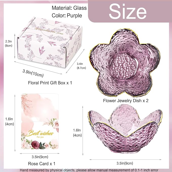 Gifts for Women Purple Flower Jewelry Dish Glass Ring Holder Decorative Jewelry Tray Cute Vanity Room Decor Aesthetic Nightstand Bathroom Decor Trinket Dish Friendship Birthday Christmas Gifts (2pcs) - Image 5