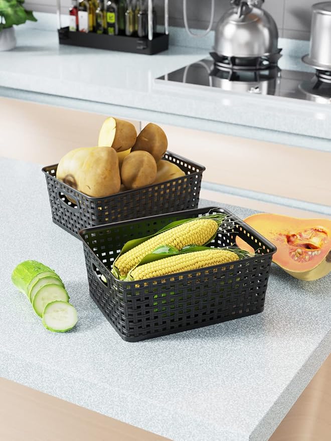WYT 12-Pack Plastic Small Shelf Storage Weave Baskets for Organizing, Black - Image 5