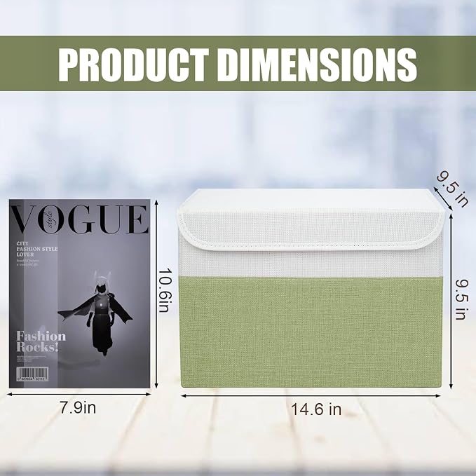 Bagnizer Large 22 Quart Linen Fabric Foldable Storage Bin Cube Organizer Basket with Flip-Top Lid & Handles, Clothes Blanket Box for Home, Office, Closet, Green & White, 4 Pack 14.6 x 9.5 x 9.5 - Image 2