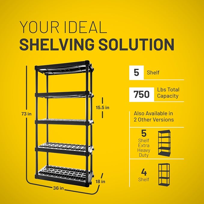 Plano 5-Shelf Plastic Storage Shelves, 73” x 36” x 18”, 750lb Capacity, Pantry, Office, Closet and Garage Shelves, Easy to Assemble, Durable Plastic Shelving Unit - Image 2